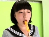 Japanese babe in schoolgirl uniform masturbates