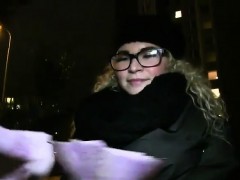 Blonde with glasses fucked and cummed in public